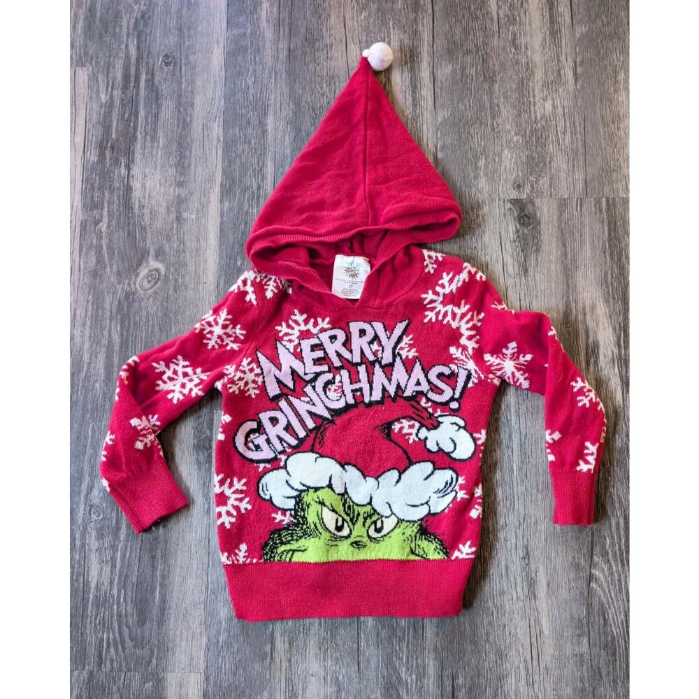 Merry Grinchmas Toddler 2T Red Hooded Christmas Sweater Holiday Grinch